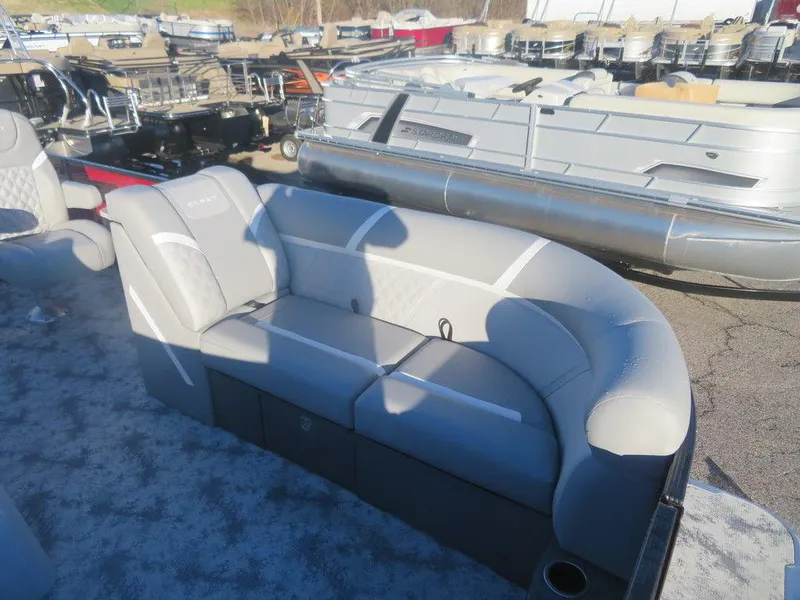 Slide: The Image of 2023 Crest Classic DLX 220 SLSC CPT DLX pontoon boat seating area. - 3