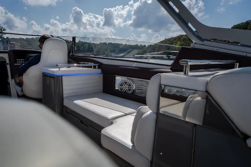 Slide: The Image of Interior of 2019 Donzi 41 GT boat with luxurious seating and scenic view. - 51