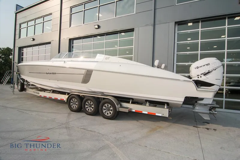 Slide: The Image of 2019 Donzi 41 GT boat on a trailer outside Big Thunder Marine. - 9