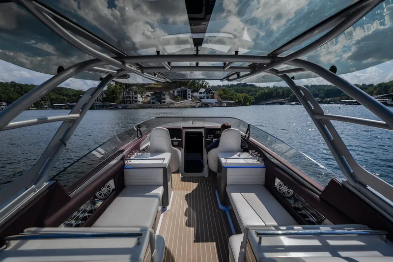 Slide: The Image of 2019 Donzi 41 GT luxury boat interior with scenic lake view. - 24