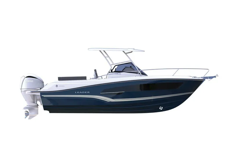 Slide: The Image of 2024 Jeanneau Leader 7.5 WA S3 boat, side view, sleek design, navy hull, outboard motor. - 10