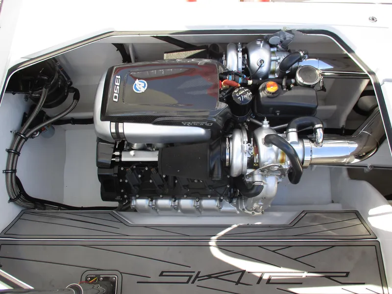 Slide: The Image of Skater 46 boat engine compartment, 2015 model, featuring a powerful 1350 engine. - 24
