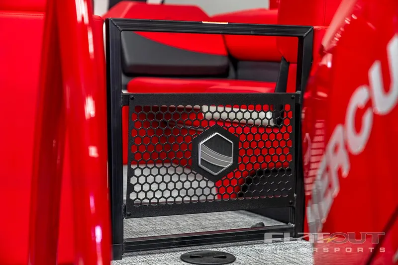 Slide: The Image of 2023 South Bay 523 RS 3.0 Plus Arch 400HP boat interior with red and black seating. - 6