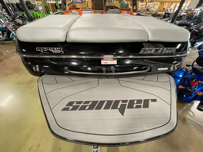 Slide: The Image of 2023 Sanger 237 SX boat with Raptor engine, rear view. - 11