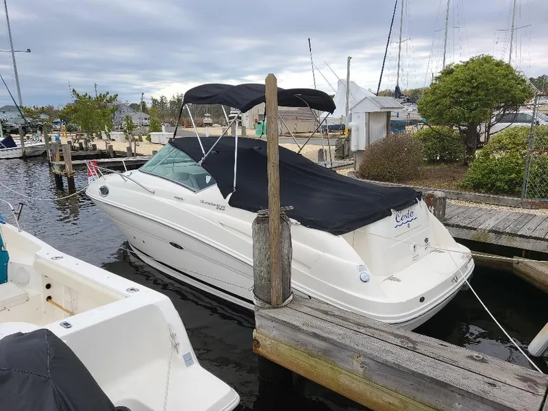 The Image of 2010 Sea Ray 240 Sundancer docked at marina with black canopy cover. - 0