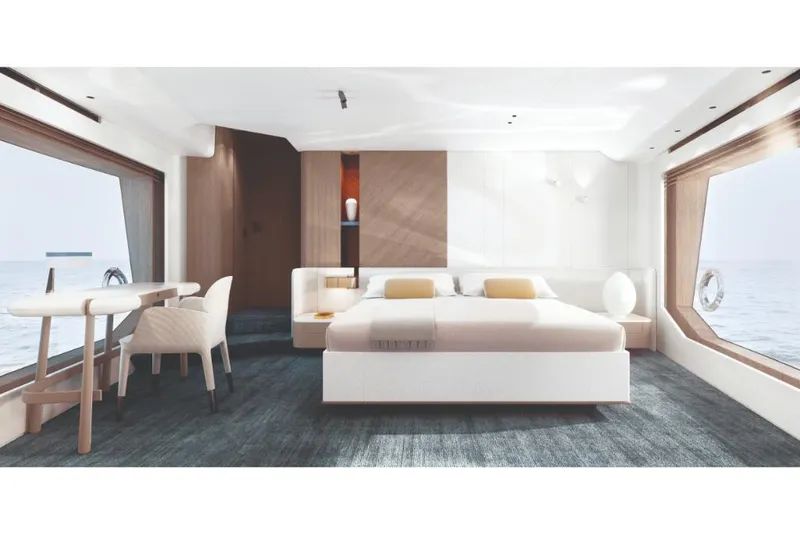 Slide: The Image of Luxurious bedroom interior of 2023 Azimut Grande 26M yacht with ocean views. - 6