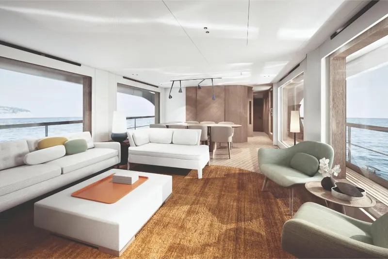 Slide: The Image of Luxurious interior of 2023 Azimut Grande 26M yacht with modern furnishings and ocean view. - 8