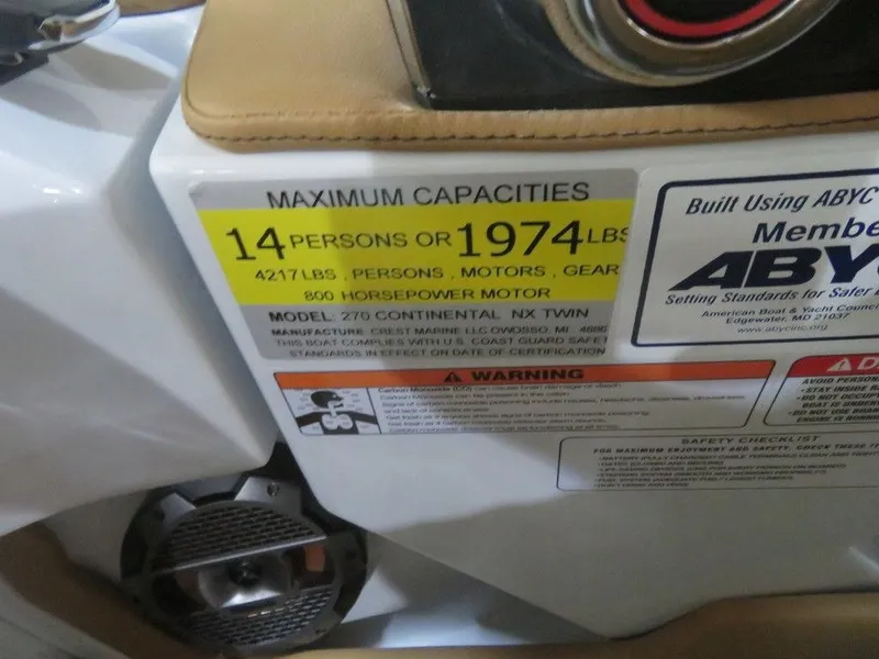 Slide: The Image of 2023 Crest Continental 270 NX SLS Twin boat capacity label, 14 persons or 1974 lbs. - 31