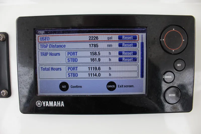 Slide: The Image of Yamaha display showing trip data on a 2014 Regulator 34 SS boat. - 41