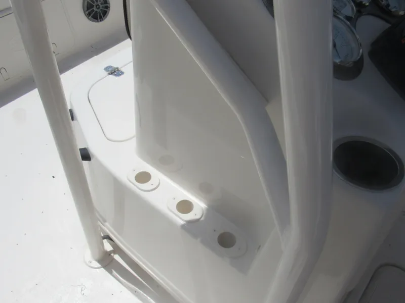 Slide: The Image of 2022 Carolina Skiff 21 LS boat console with cup holders and gauges. - 8