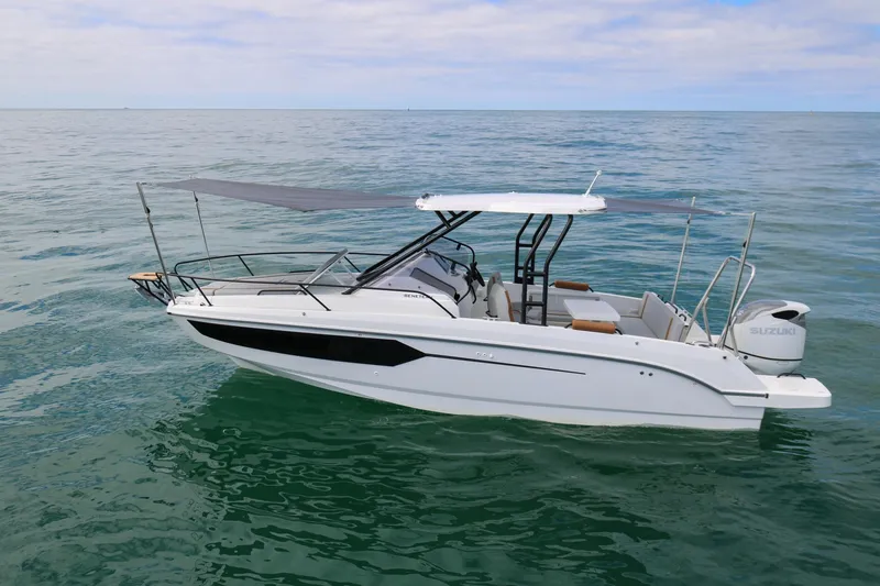 Slide: The Image of 2024 Beneteau Flyer 8 SUNdeck boat on calm ocean waters. - 19
