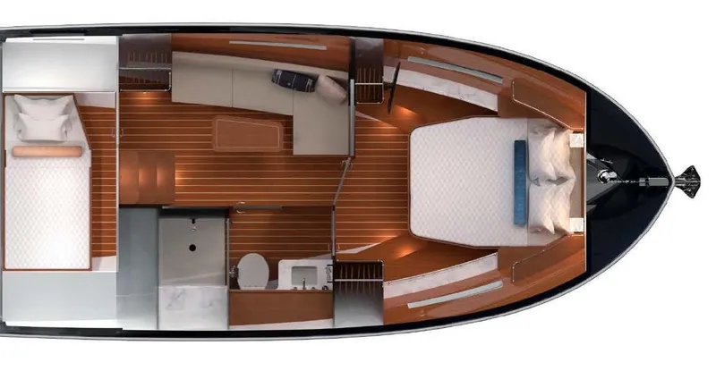 Slide: The Image of Top view of 2025 MJM 42 yacht interior layout with bedrooms and living area. - 32