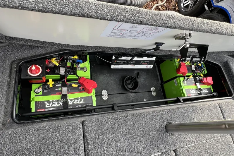 Slide: The Image of 2023 Ranger Z520R boat battery compartment with two green batteries. - 17
