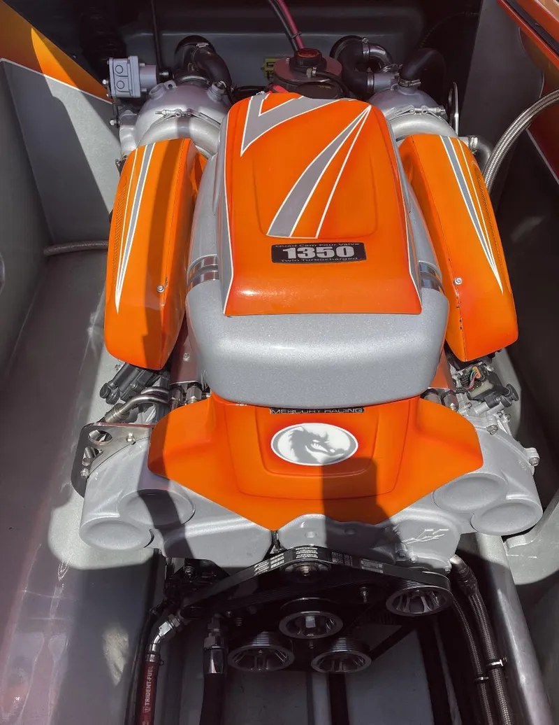 Slide: The Image of 2017 Nordic 43' Enforcer engine with orange and silver detailing. - 14