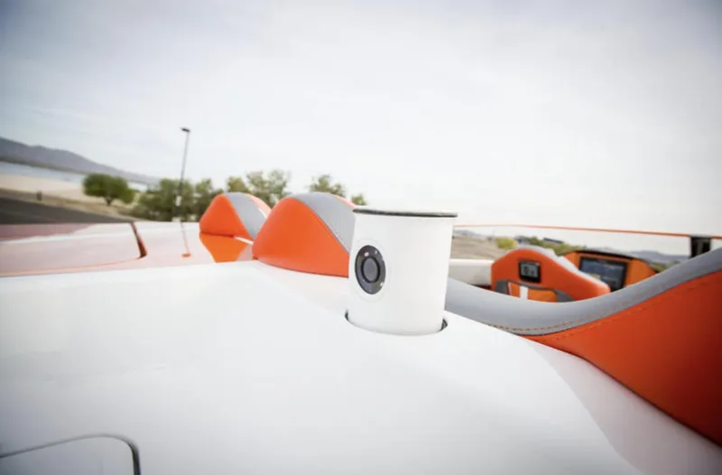 Slide: The Image of 2017 Nordic 43' Enforcer boat interior with orange and white seating. - 24