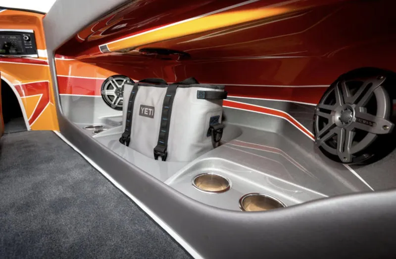 Slide: The Image of Interior of a 2017 Nordic 43' Enforcer boat with Yeti cooler and speakers. - 29