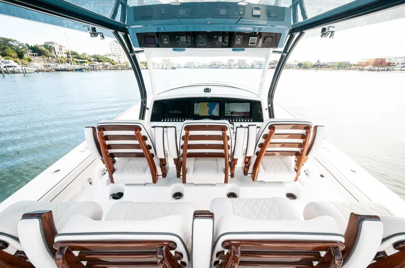 Slide: The Image of 2022 Valhalla Boatworks V46 Center Console, luxurious seating and advanced navigation system. - 20