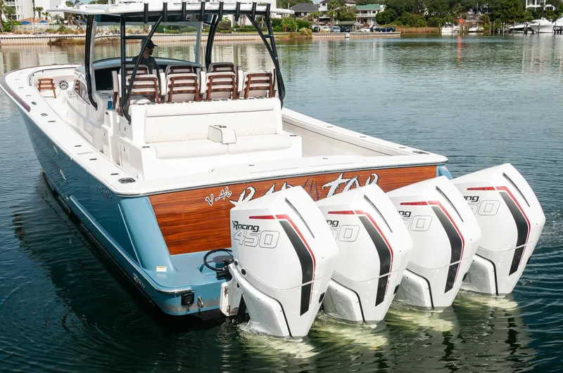 Slide: The Image of 2022 Valhalla Boatworks V46 Center Console with quad Mercury Racing 450 engines. - 35