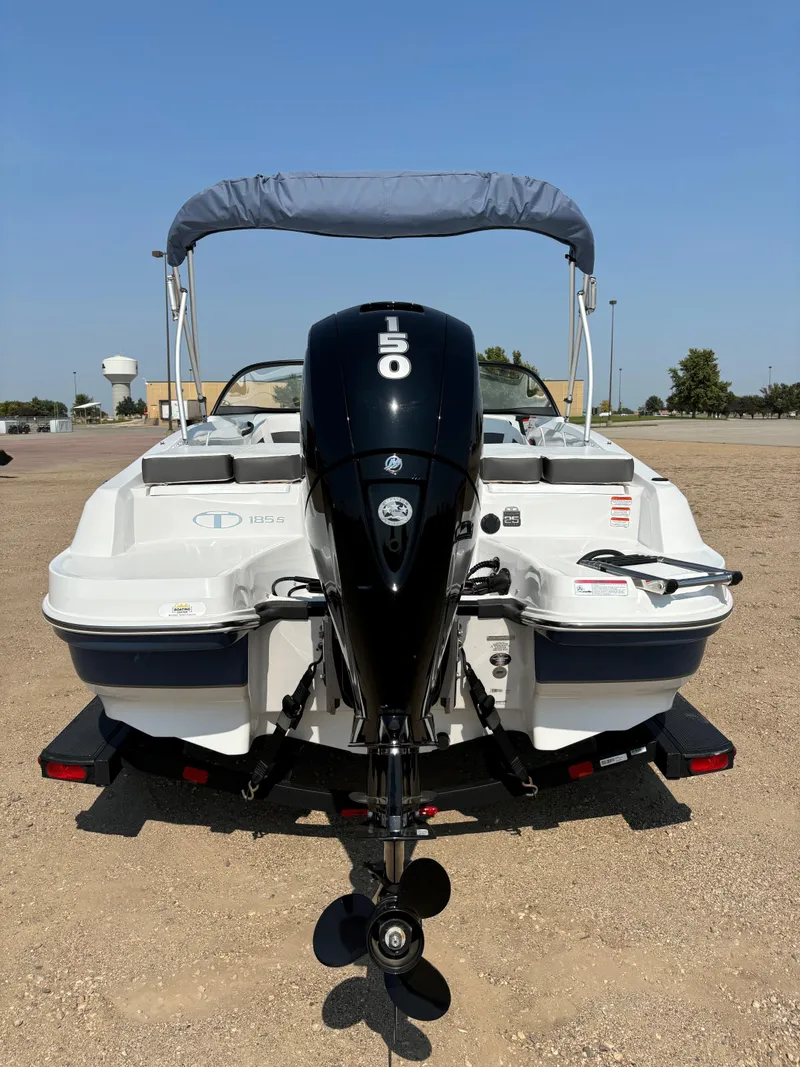 Slide: The Image of 2023 Tahoe 185 S boat with outboard motor, parked on a trailer. - 6