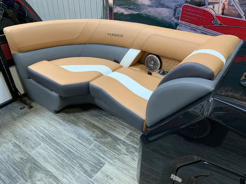 Slide: The Image of 2023 Viaggio Diamante 23 U boat interior with tan and gray seating. - 15