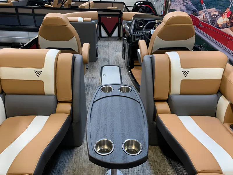 Slide: The Image of 2023 Viaggio Diamante 23 U interior with luxurious seating and cup holders. - 8