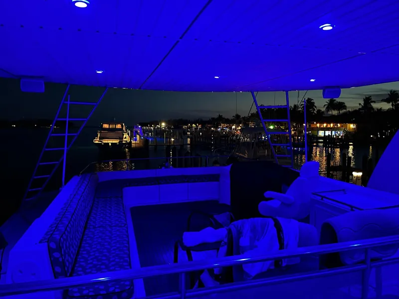 Slide: The Image of 2009 Fantasy Houseboat with blue LED lights docked at night. - 26