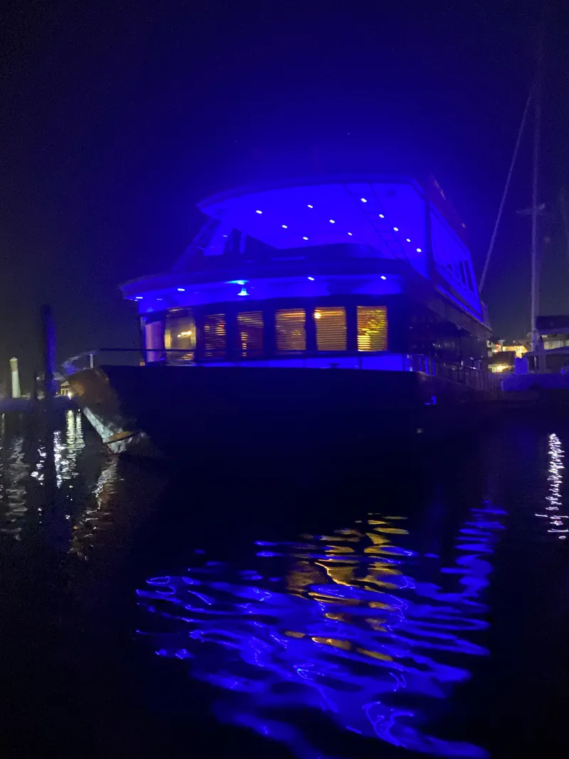 Slide: The Image of 2009 Fantasy Houseboat illuminated with blue lights at night. - 38