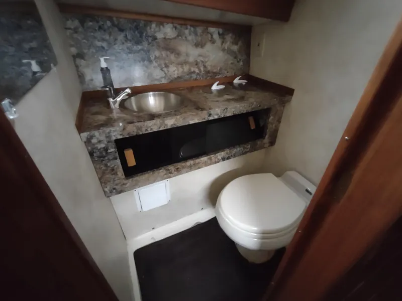 Slide: The Image of 1976 Trojan 260 Hardtop Express boat bathroom with sink, countertop, and toilet. - 21