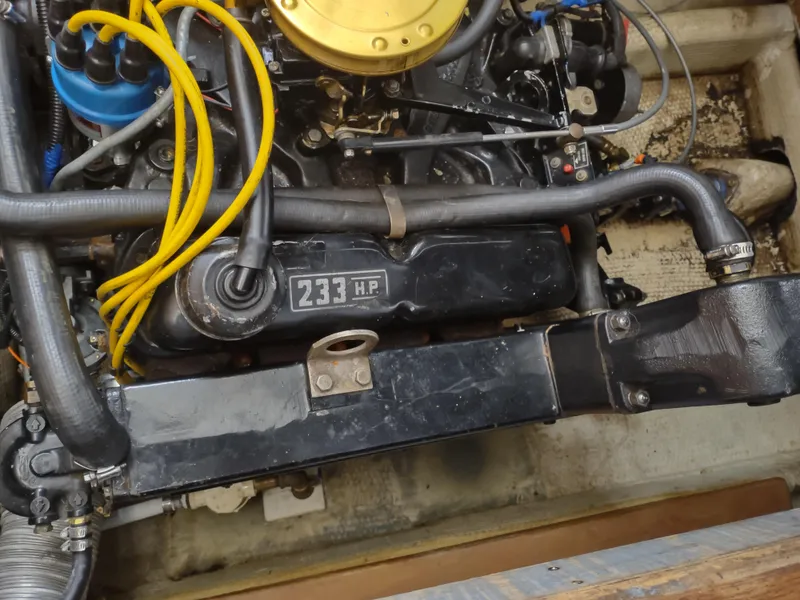 Slide: The Image of 1976 Trojan 260 Hardtop Express engine, 233 HP, with yellow wires and black components. - 8