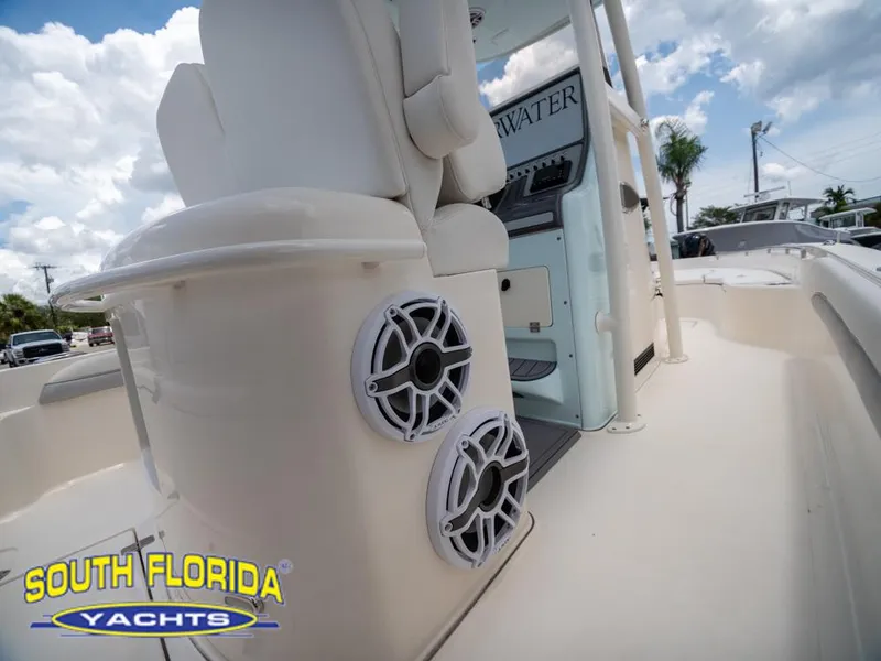Slide: The Image of 2023 ShearWater 260 Carolina boat interior with speakers, South Florida Yachts. - 10