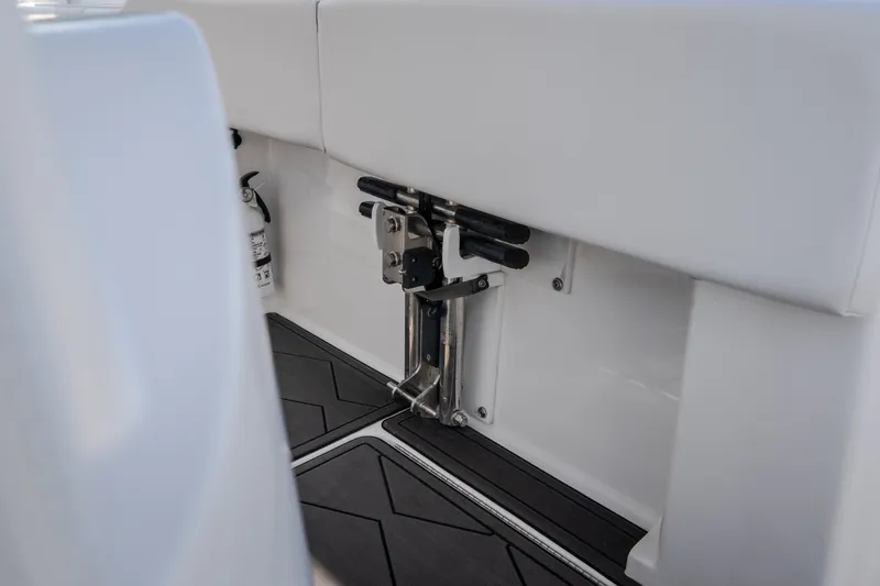 Slide: The Image of 2023 Fountain 34 Tournament Edition boat interior with safety equipment and sleek design. - 85