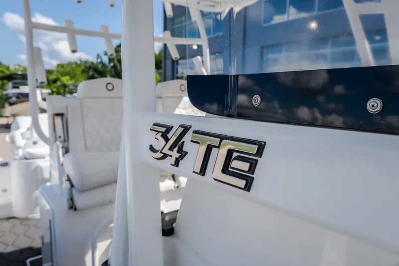 Slide: The Image of 2023 Fountain 34 Tournament Edition boat, close-up of logo and seating. - 57