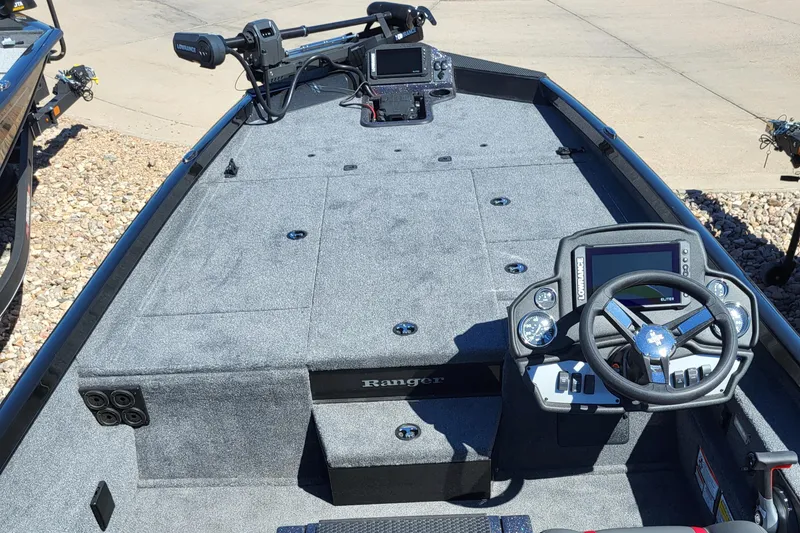 Slide: The Image of 2023 Ranger RT198P fishing boat interior with advanced navigation and control systems. - 2