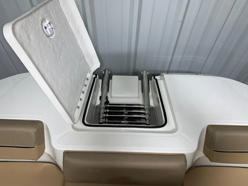 Slide: The Image of 2024 Bayliner DX2200 boat with open storage compartment and ladder. - 12