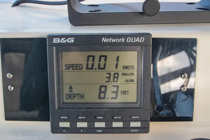 Slide: The Image of B&G Network QUAD display showing speed, depth, and shallow alarm on a 1986 Chris-Craft Corinthian. - 45