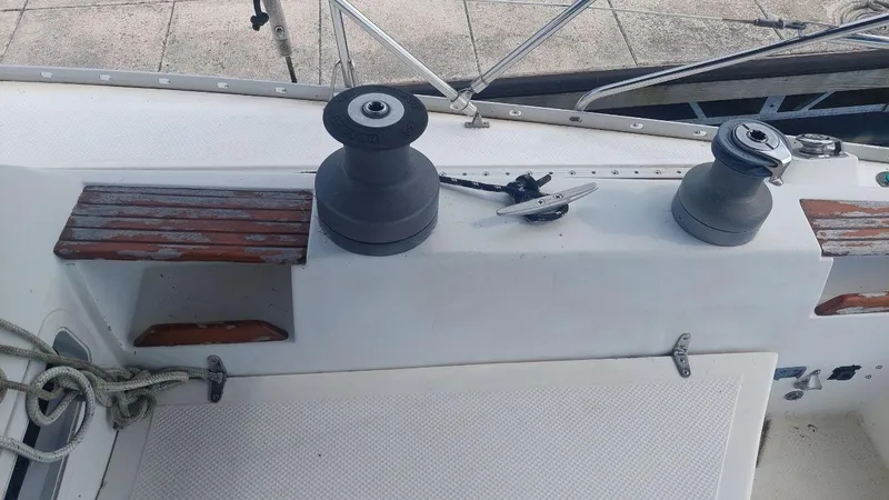 Slide: The Image of Deck of 1987 Hunter 34 sailboat with winches and wooden trim. - 6
