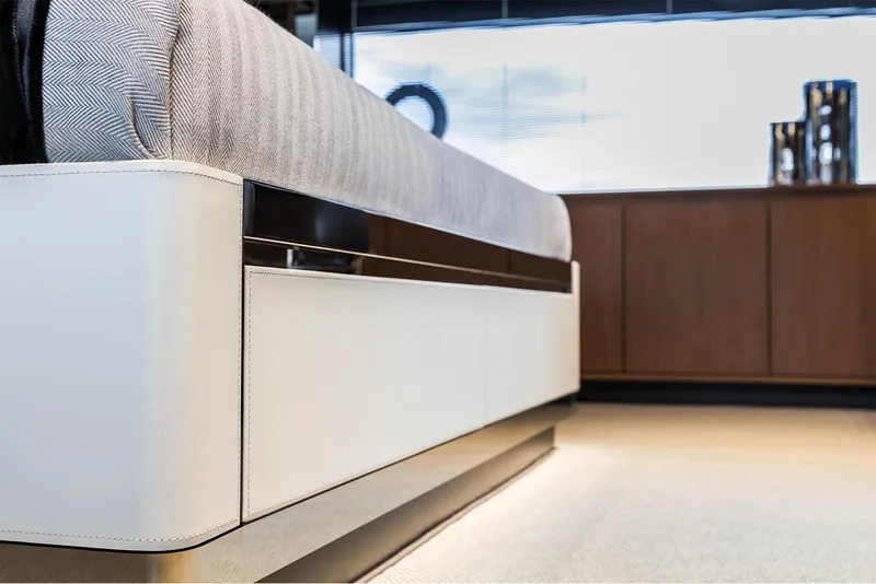 Slide: The Image of Luxurious interior of 2024 Riva 90' Argo yacht with modern bed design. - 28