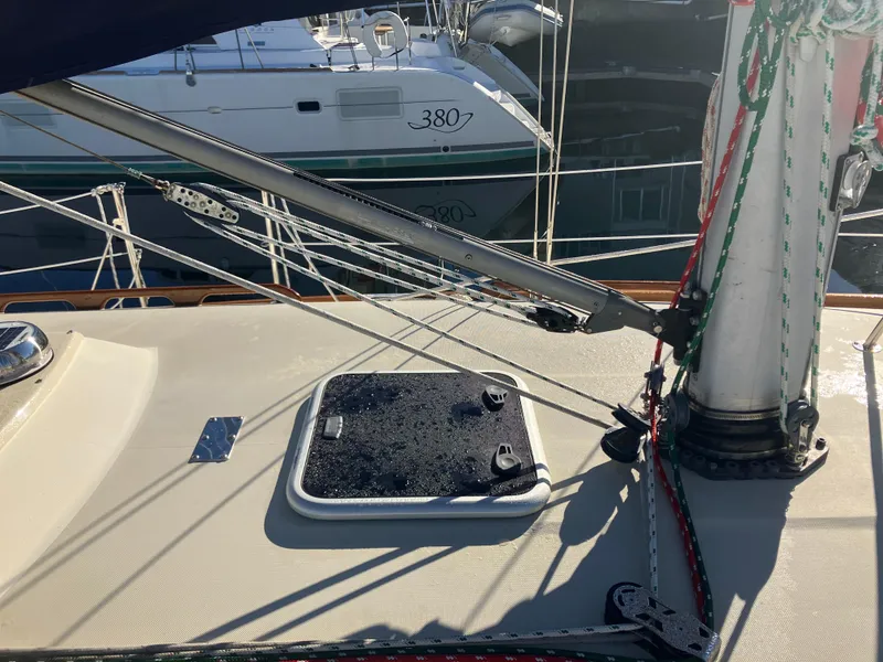 Slide: The Image of Sailboat deck of a 1989 Pearson 39-2 with rigging and hatch. - 10