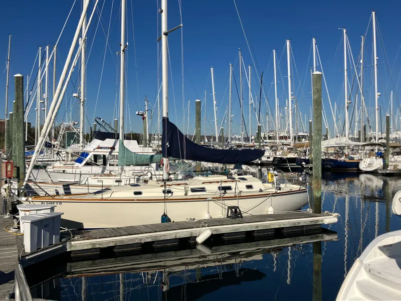Slide: The Image of Sailboats docked at a marina, featuring a 1989 Pearson 39-2 under clear blue skies. - 3
