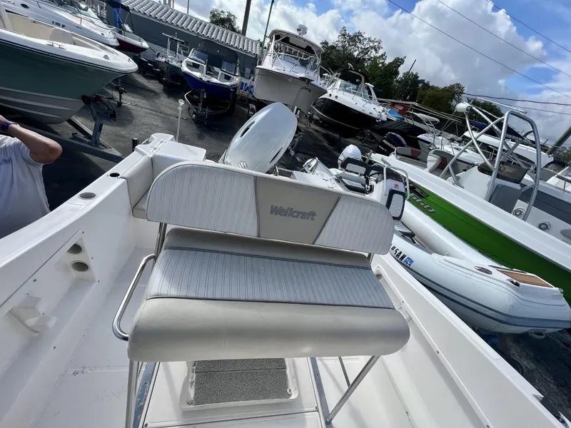 Slide: The Image of 2022 Wellcraft 220CC boat in a marina, surrounded by other boats. - 27