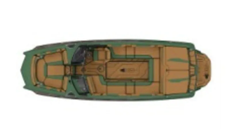 Slide: The Image of 2023 Axis A24 boat, top view, green and tan interior. - 2