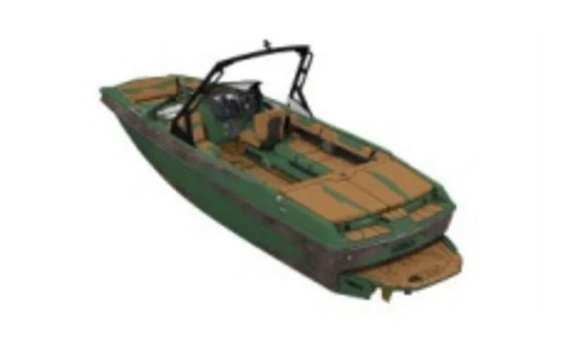 Slide: The Image of 2023 Axis A24 boat, green and tan, with wakeboard tower. - 3