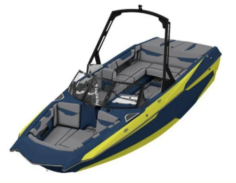 Slide: The Image of 2023 Axis A24 boat, blue and yellow, with seating and wakeboard tower. - 15