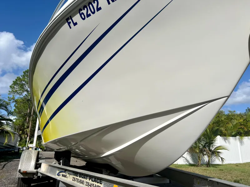 Slide: The Image of 2016 Renegade 250 boat on trailer with blue and yellow stripes. - 12