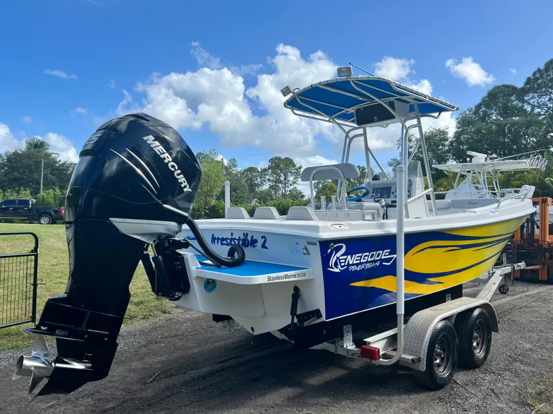 Slide: The Image of 2016 Renegade 250 boat with Mercury outboard motor on a trailer. - 6