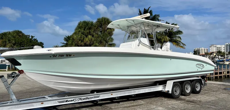 Slide: The Image of 2009 Spectre Sportfish boat on a trailer, ready for transport. - 6