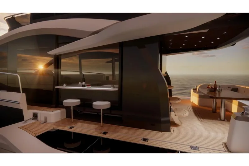Slide: The Image of Luxury Galeon 560 Fly yacht 2023 model, featuring elegant outdoor seating and ocean view at sunset. - 12