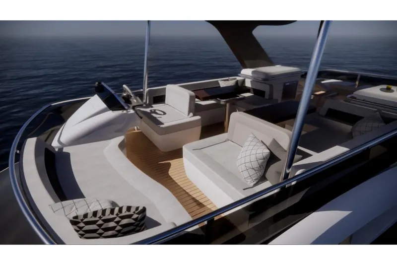 Slide: The Image of 2023 Galeon 560 Fly yacht flybridge with modern seating and ocean view. - 13