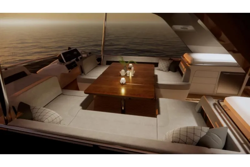 Slide: The Image of Luxurious interior of the 2023 Galeon 560 Fly yacht at sunset. - 14