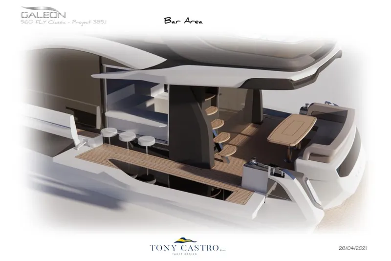 Slide: The Image of 2023 Galeon 560 Fly yacht bar area with seating and dining space. - 4